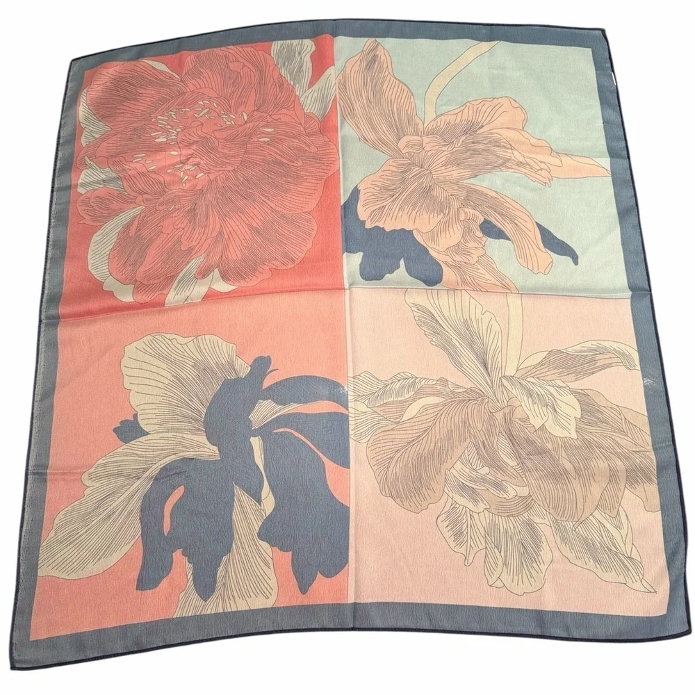🌺Colorful Floral Print Silk Scarf in Navy, Red, Pink, Mint tones. 23” square